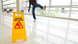 a person slip and fall over a caution sign
