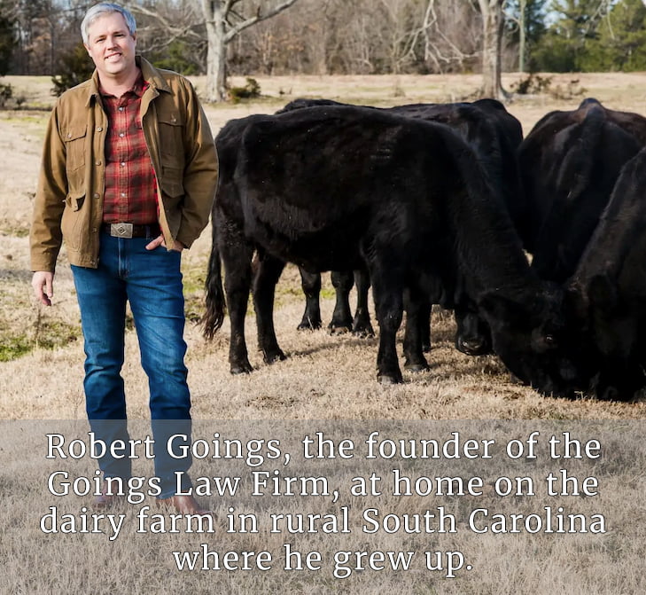Robert Goings, the founder of the Goings Law Firm, at home on the dairy farm in rural South Carolina where he grew up.
